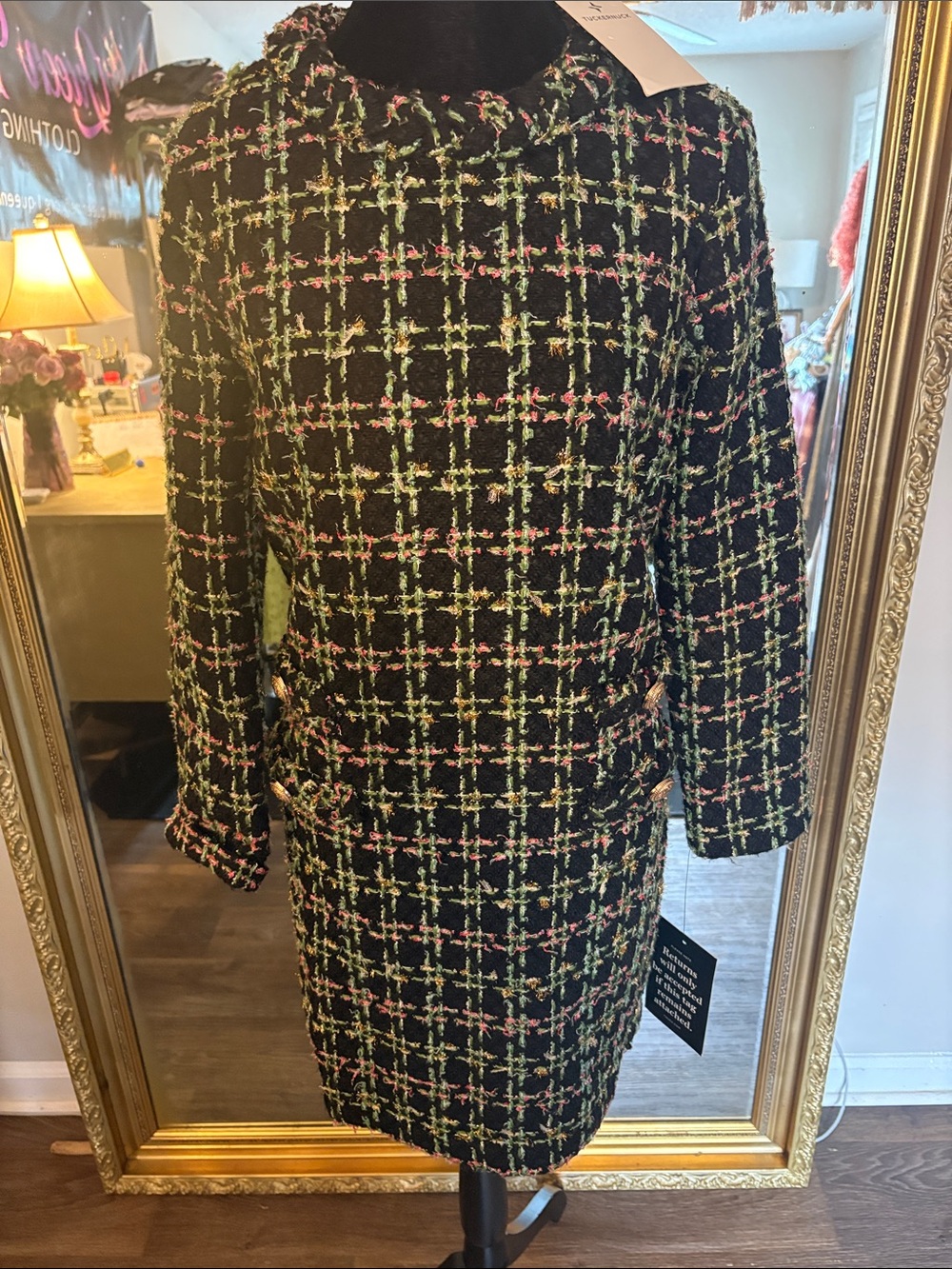 Tuckernuck Black Tweed Plaid Shift Dress with Pink & Green Accents